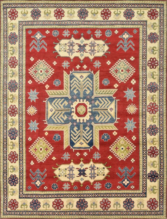 Kazak Rug 8'6'' x 11' Red Wool Tribal Hand-Knotted Oriental Carpet