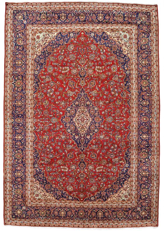 Kashan Rug 9'11'' x 13'4'' Red Wool Vintage Traditional Hand-Knotted Carpet