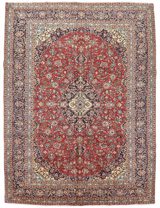 Kashan Rug 9'9'' x 13'1'' Red Wool Vintage Traditional Hand-Knotted Carpet