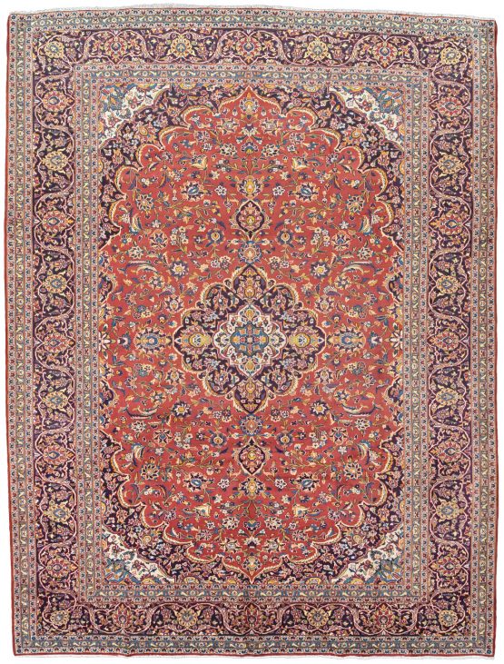Kashan Rug 10' x 13' Red Wool Vintage Traditional Hand-Knotted Oriental Carpet
