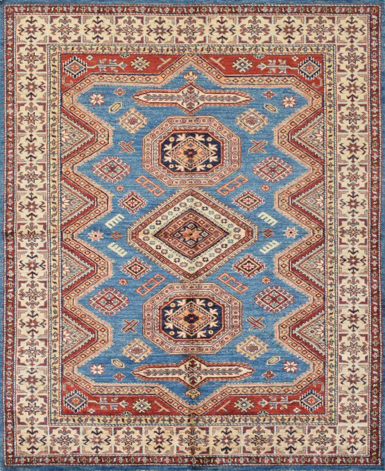 Fine Kazak Rug 5'2'' x 6'2'' Blue Wool Tribal Hand-Knotted Oriental Carpet