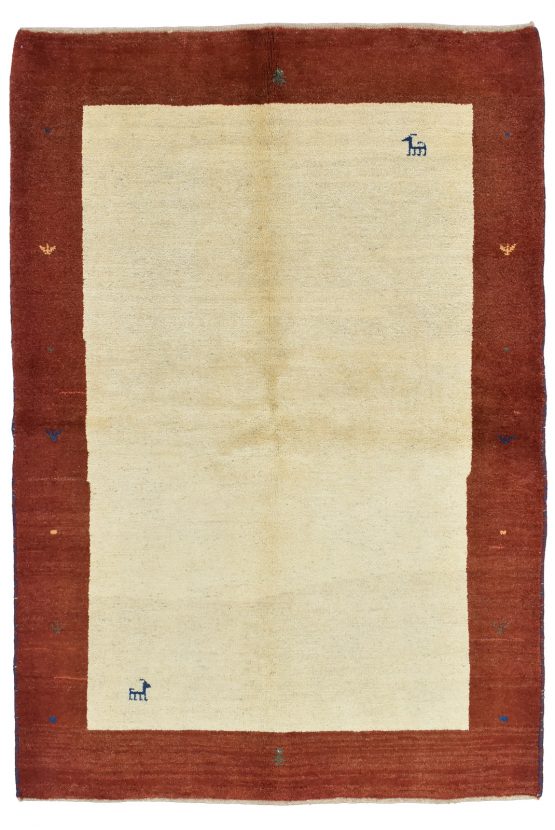 Gabbeh Rug 5'1'' x 7'5'' Ivory Wool Vintage Tribal Hand-Knotted Oriental Carpet