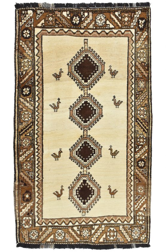 Qashqai Rug 3'10'' x 6'8'' Ivory Wool Vintage Tribal Hand-Knotted Carpet
