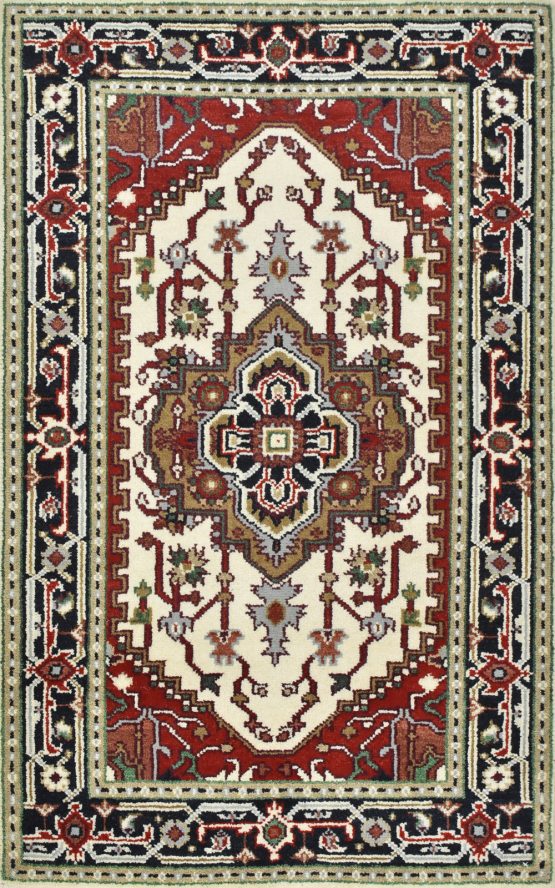 Heriz Rug 3'1'' x 5'1'' Ivory Wool Tribal Hand-Knotted Oriental Carpet