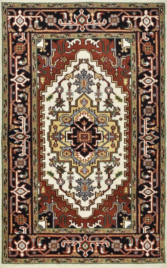 Heriz Rug 3' x 4'11'' Ivory Wool Tribal Hand-Knotted Oriental Carpet