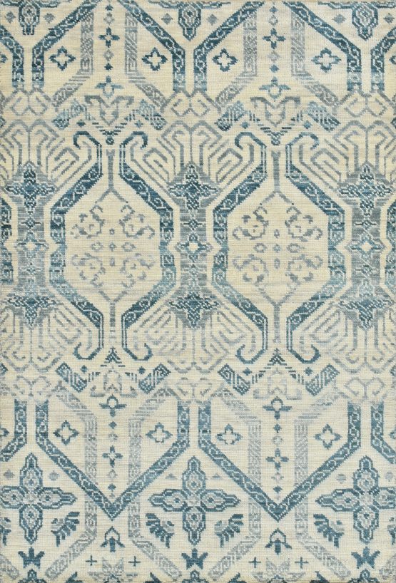 Modern Rug 4' x 5'11'' Ivory Blue Wool Hand-Knotted Oriental Carpet