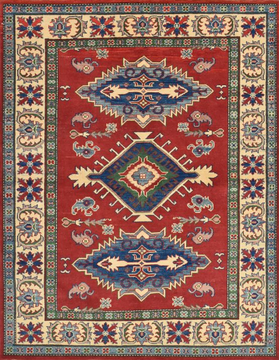Kazak Rug 5'2'' x 6'6'' Red Wool Tribal Hand-Knotted Oriental Carpet