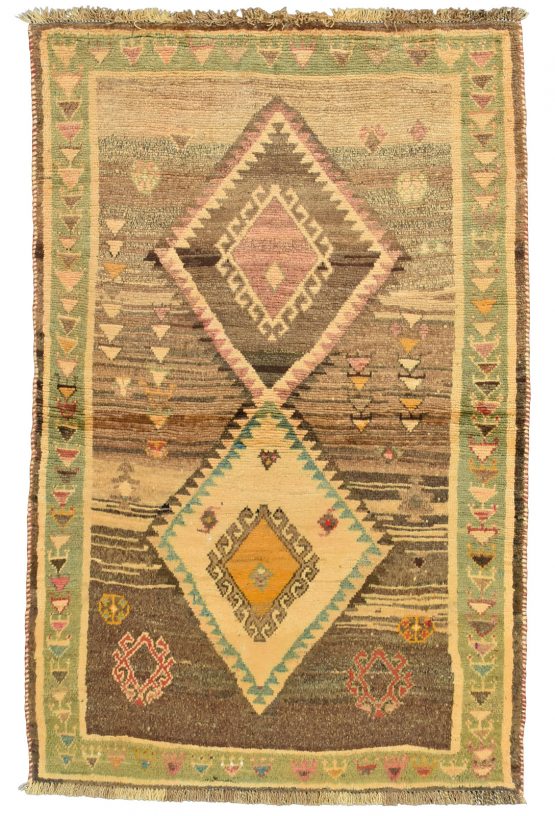 Gabbeh Rug 3'5'' x 5'4'' Brown Wool Vintage Tribal Hand-Knotted Oriental Carpet