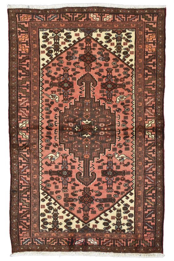 Hamedan Rug 4'3'' x 6'7'' Pink Wool Vintage Tribal Hand-Knotted Oriental Carpet