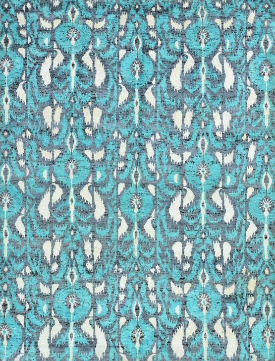Ikat Rug 8'1'' x 10'6'' Blue Viscose Modern Hand-Knotted Oriental Carpet