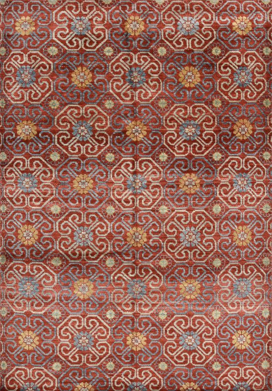 Modern Rug 6' x 8'8'' Red Wool Hand-Knotted Oriental Carpet
