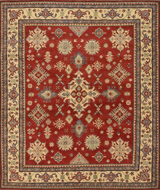 Kazak Rug 8'2'' x 9'7'' Red Wool Tribal Hand-Knotted Oriental Carpet