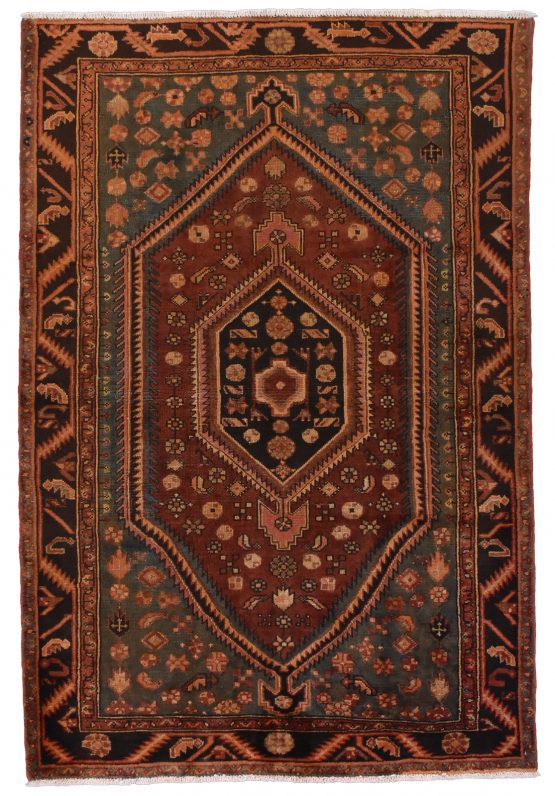 Zanjan Rug 4'4'' x 6'5'' Red Wool Semi-Antique Tribal Hand-Knotted Carpet