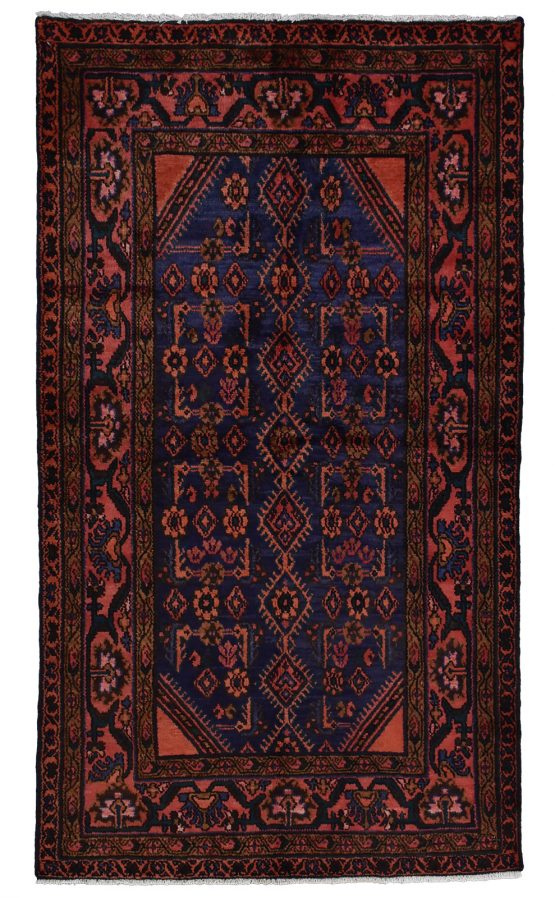 Hamedan Rug 3'10'' x 6'9'' Blue Wool Vintage Tribal Hand-Knotted Oriental Carpet