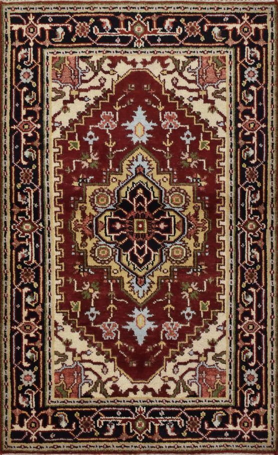 Heriz Rug 3'2'' x 5'1'' Red Wool Tribal Hand-Knotted Oriental Carpet