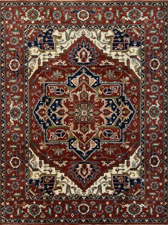 Heriz Rug 8'10'' x 11'10'' Red Wool Tribal Hand-Knotted Oriental Carpet