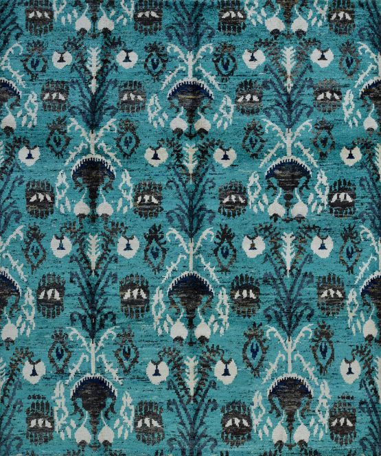 Ikat Rug 8'5'' x 10'2'' Blue Viscose Modern Hand-Knotted Oriental Carpet