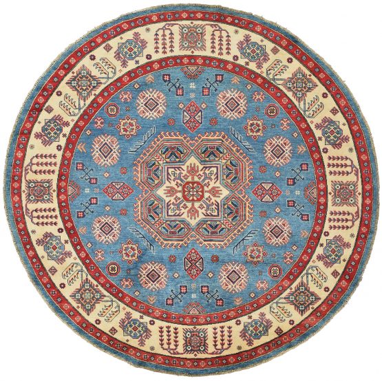 Kazak Rug 7'11'' x 7'10'' Blue Wool Tribal Hand-Knotted Oriental Carpet