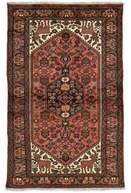 Hamedan Rug 4'2'' x 6'5'' Red Wool Vintage Tribal Hand-Knotted Oriental Carpet
