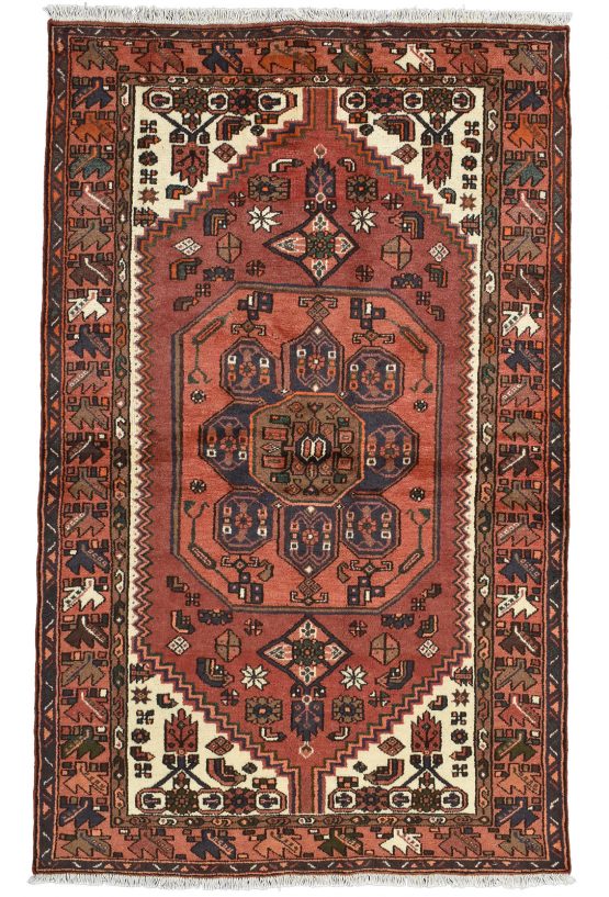 Hamedan Rug 4'1'' x 6'6'' Red Wool Vintage Tribal Hand-Knotted Oriental Carpet