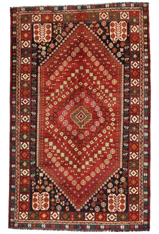 Shiraz Rug 5'2'' x 8'3'' Red Wool Semi-Antique Tribal Hand-Knotted Carpet