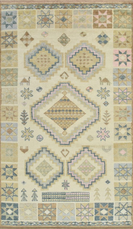 Moroccan Rug 6'3'' x 10'11'' Ivory Wool Tribal Hand-Knotted Carpet