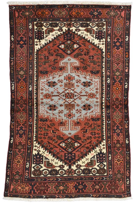 Hamedan Rug 4'3'' x 6'7'' Red Wool Vintage Tribal Hand-Knotted Oriental Carpet