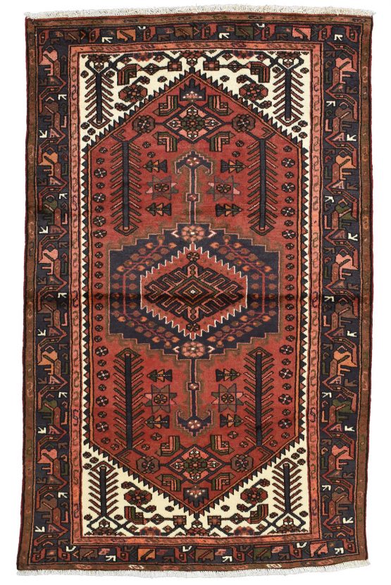 Zanjan Rug 4'2'' x 6'7'' Red Wool Vintage Tribal Hand-Knotted Oriental Carpet