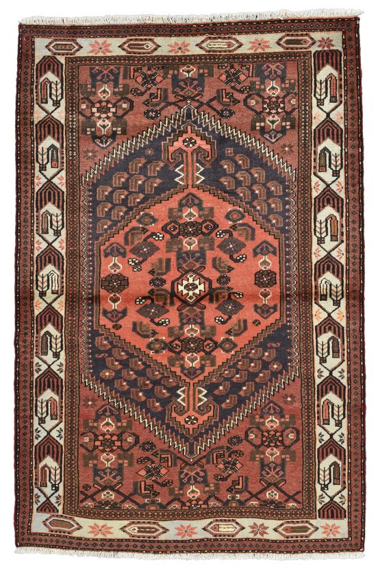 Hamedan Rug 4'4'' x 6'7'' Red Wool Vintage Tribal Hand-Knotted Oriental Carpet