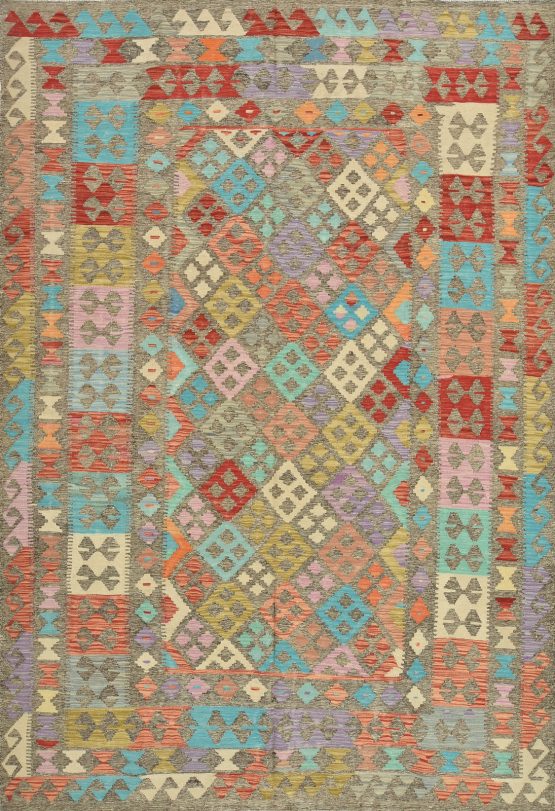 Kilim Rug 6'9'' x 10' Brown Wool Geometric Handwoven Oriental Carpet