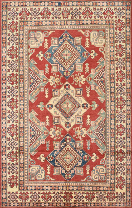 Kazak Rug 6'3'' x 9'8'' Red Wool Tribal Hand-Knotted Oriental Carpet