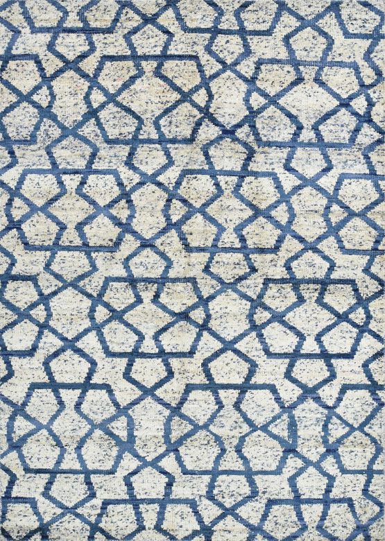 Moroccan Rug 5'8'' x 8' Ivory Blue Viscose Contemporary Hand-Knotted Carpet