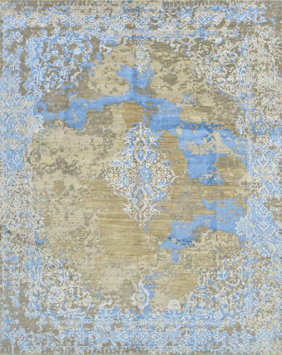 Kerman Rug 7'11'' x 9'11'' Gray Blue Wool/Viscose Modern Hand-Knotted Carpet