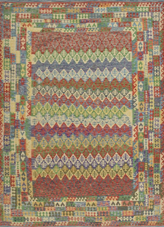Kilim Rug 8'7'' x 11'11'' Multicolor Wool Geometric Handwoven Oriental Carpet