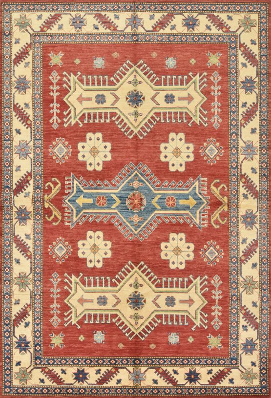 Kazak Rug 6' x 8'10'' Red Wool Tribal Hand-Knotted Oriental Carpet