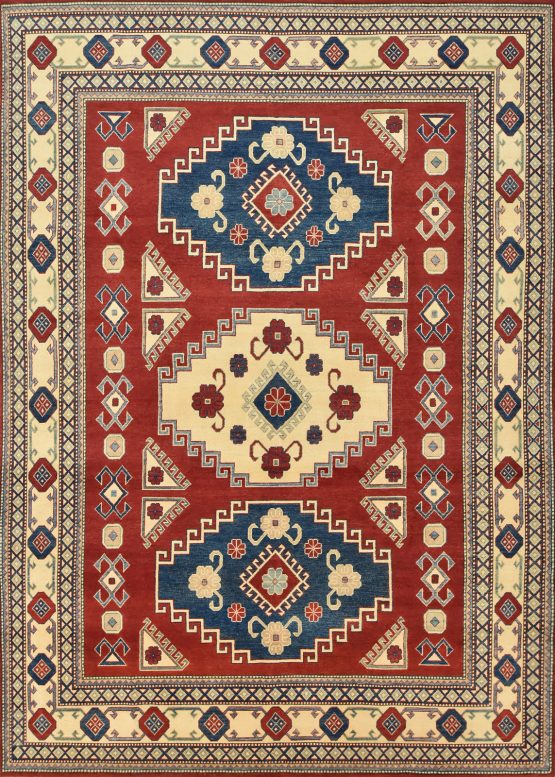 Kazak Rug 8'5'' x 11'8'' Red Wool Tribal Hand-Knotted Oriental Carpet