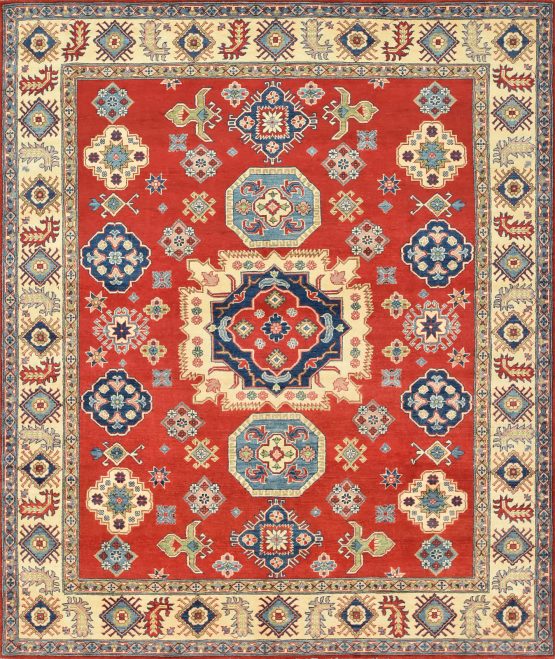 Kazak Rug 8'3'' x 9'8'' Red Wool Tribal Hand-Knotted Oriental Carpet