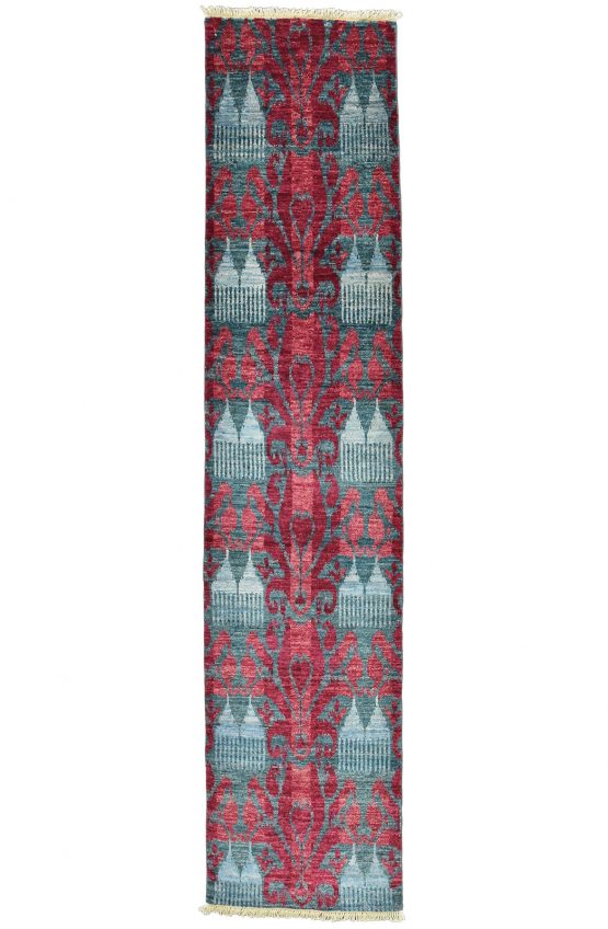 Ikat Runner 2'6'' x 11'5'' Red Blue Wool Modern Hand-Knotted Oriental Rug