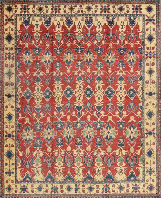 Kazak Rug 12'11'' x 15'7'' Red Wool Tribal Hand-Knotted Oriental Carpet