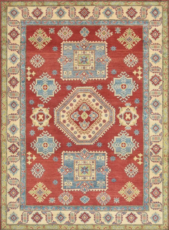 Kazak Rug 5'8'' x 7'9'' Red Wool Tribal Hand-Knotted Oriental Carpet