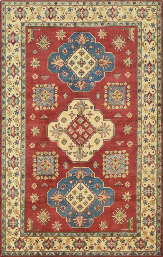 Kazak Rug 5'9'' x 9' Red Wool Tribal Hand-Knotted Oriental Carpet
