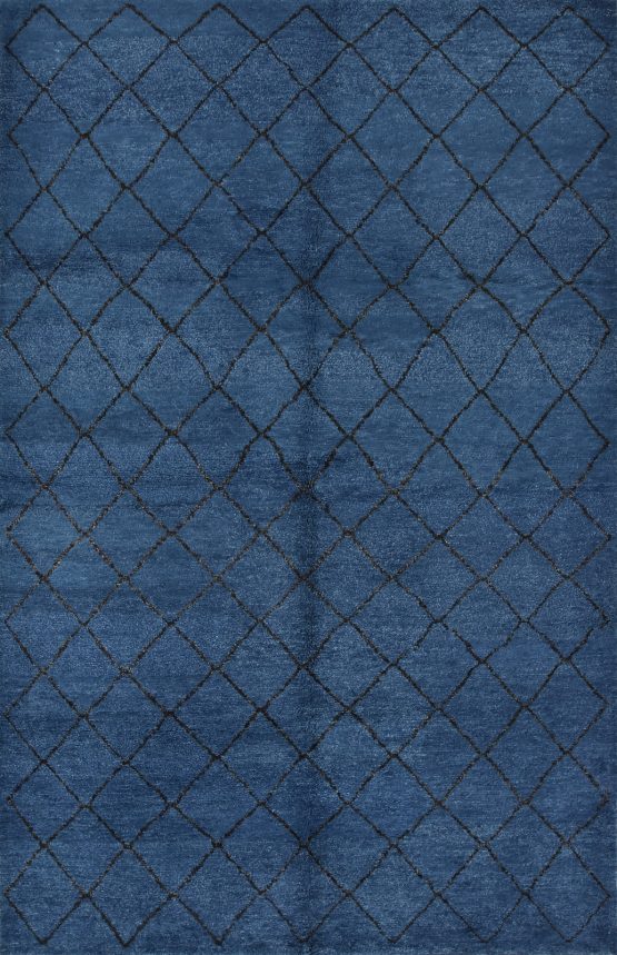 Moroccan Rug 6'2'' x 9'8'' Blue Wool Contemporary Hand-Knotted Carpet