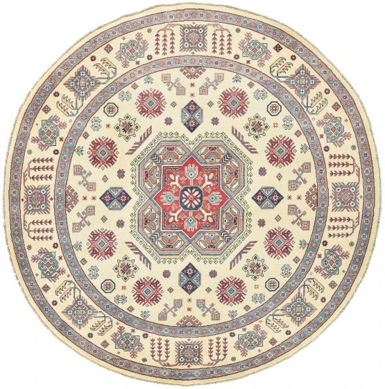 Kazak Rug 8' x 8' Beige Wool Tribal Hand-Knotted Oriental Carpet