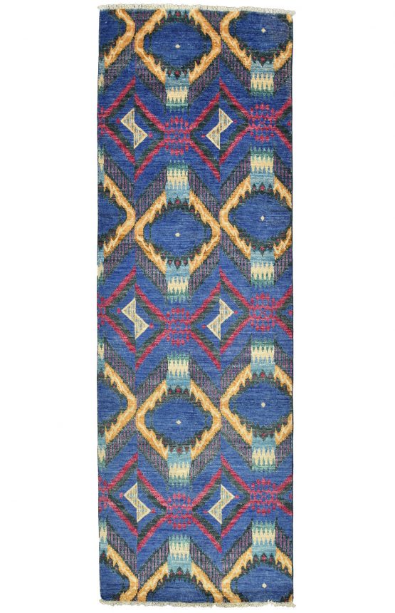 Ikat Runner 4' x 12'2'' Blue Wool Modern Hand-Knotted Oriental Rug