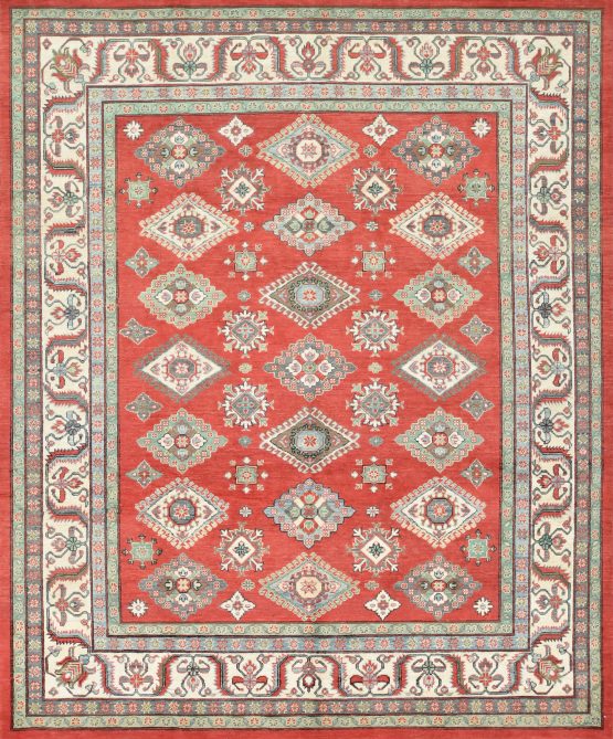 Kazak Rug 8'2'' x 9'10'' Red Wool Tribal Hand-Knotted Oriental Carpet