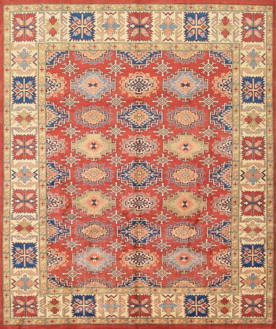 Kazak Rug 8'2'' x 9'6'' Red Wool Tribal Hand-Knotted Oriental Carpet