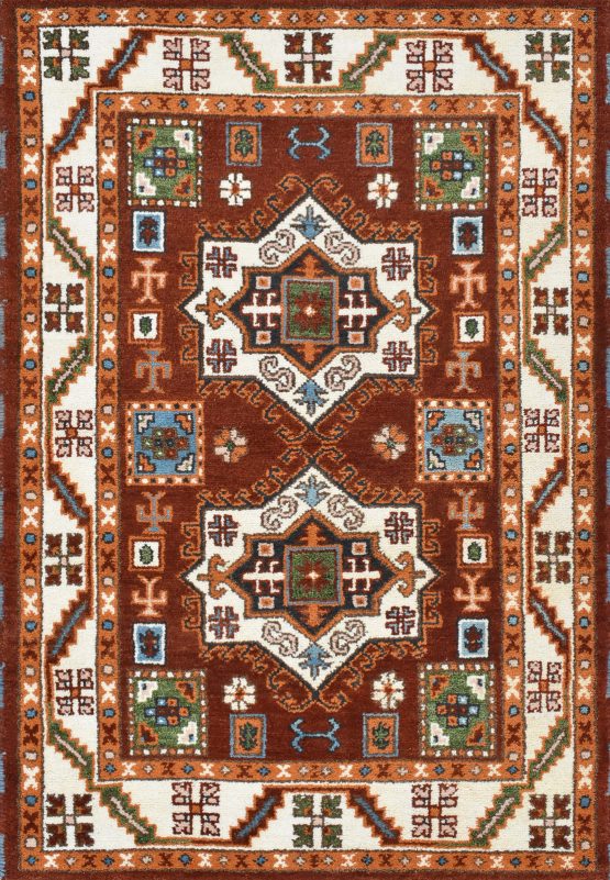 Kazak Rug 4'1'' x 5'11'' Red Wool Tribal Hand-Knotted Oriental Carpet