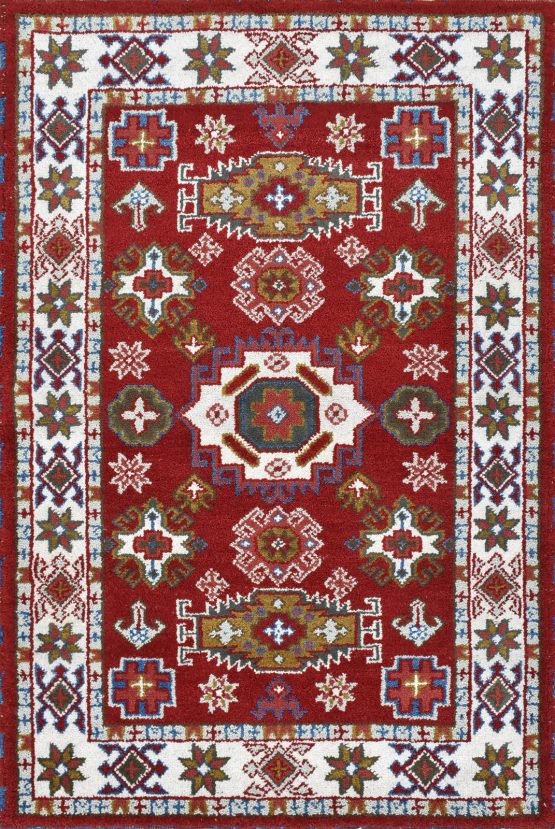 Kazak Rug 4'1'' x 6' Red Wool Tribal Hand-Knotted Oriental Carpet