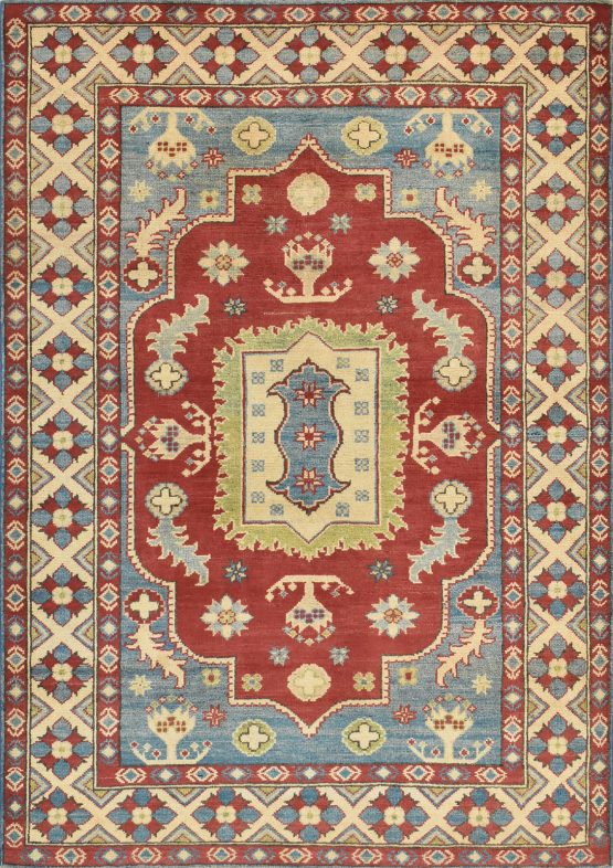 Kazak Rug 4' x 5'8'' Red Wool Traditional Hand-Knotted Oriental Carpet