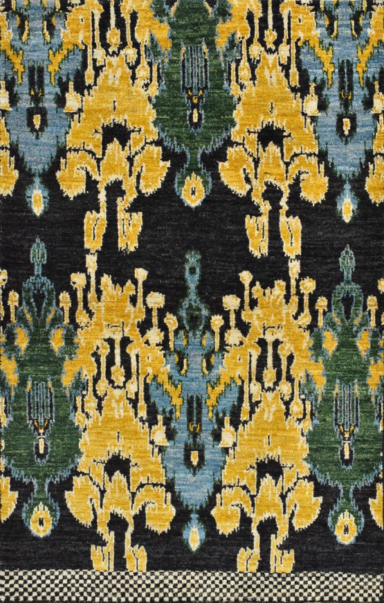 Ikat Rug 3'11'' x 6'3'' Black Gold Wool Modern Hand-Knotted Oriental Carpet